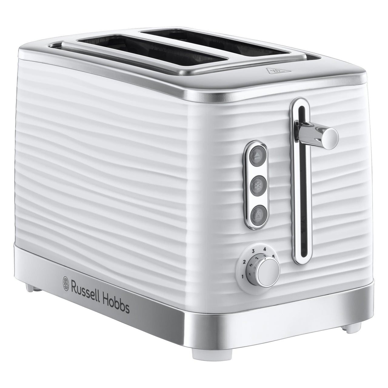 White 2-slice toaster front view with lever, blue buttons, and dial control