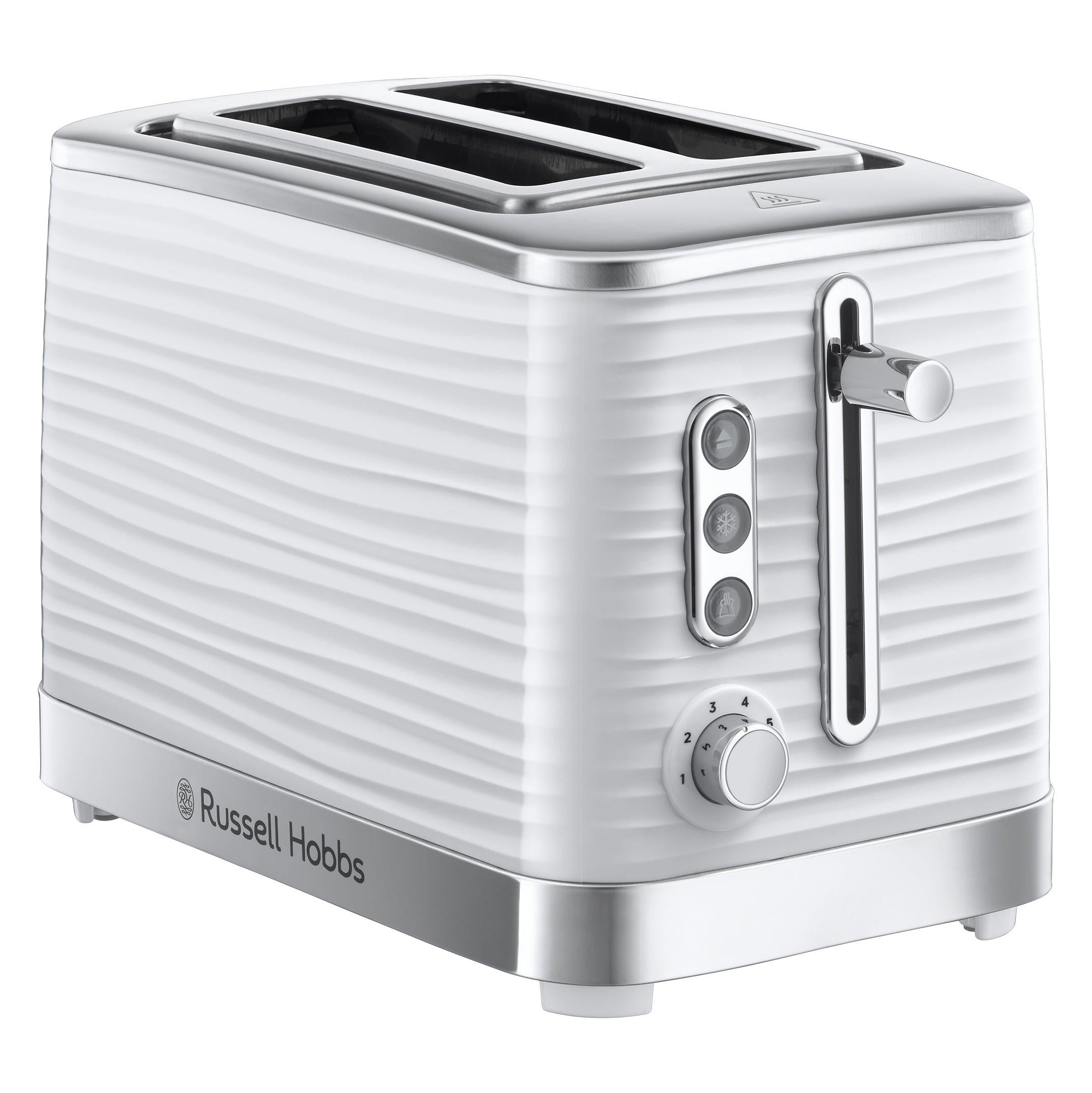 White 2-slice toaster front view with lever, blue buttons, and dial control