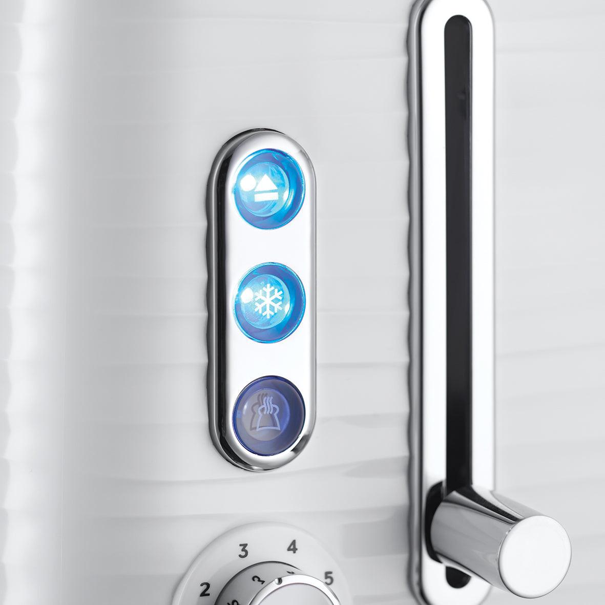 White 2-slice toaster control panel with blue indicator buttons and browning dial