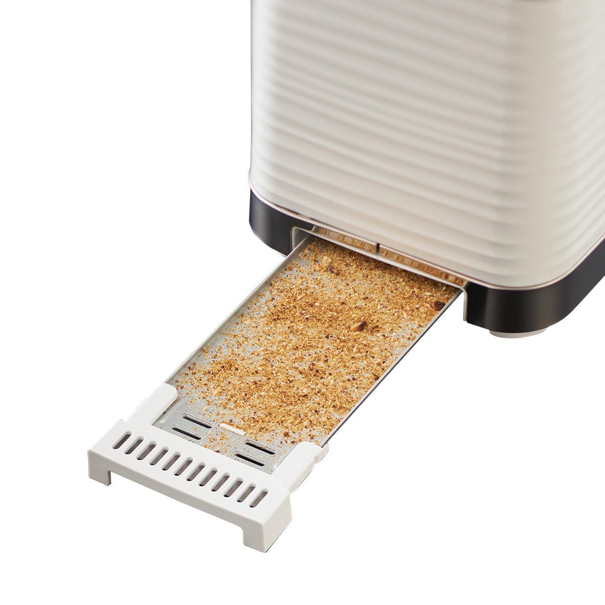 White 2-slice toaster showing toasting slots with bread halfway risen