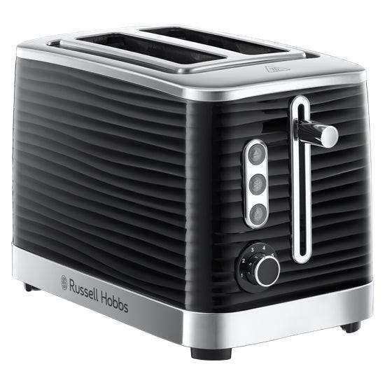 Black and silver 2-slice toaster with lever, control panel, and wide slots
