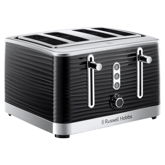 Black 4-slice toaster with wide slots, three control knobs, and stainless accents.