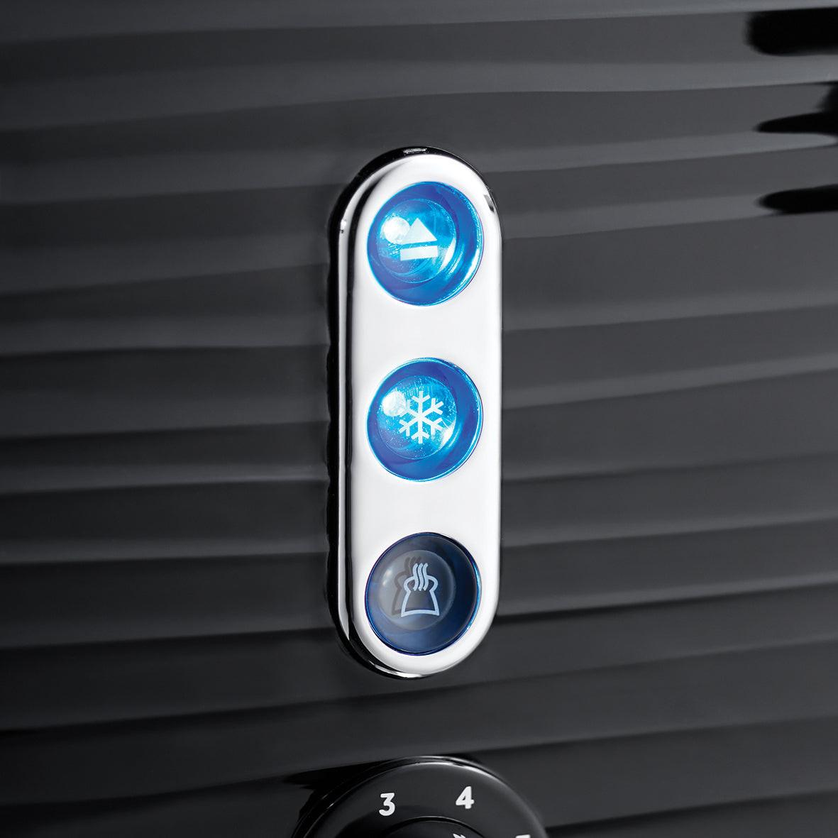 Black 4-slice toaster control panel with blue illuminated setting buttons