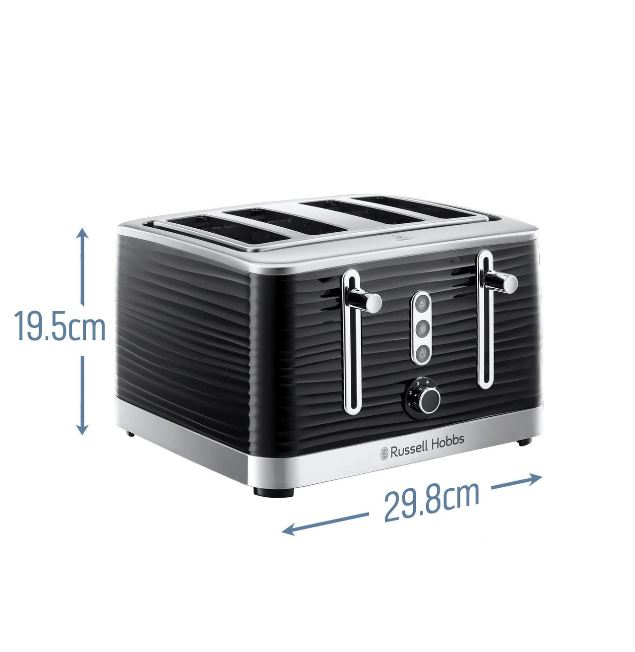 Black 4-slice toaster with stainless front panel, lever handles, and control knob
