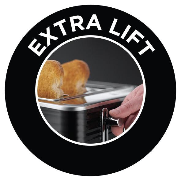 Black toaster lift-and-look setting badge showing toast in slots and lift lever