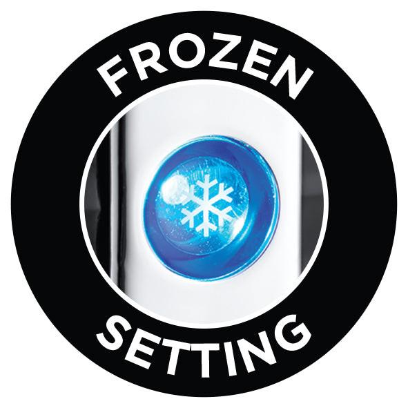 Black toaster frozen setting badge with close-up of blue snowflake control icon