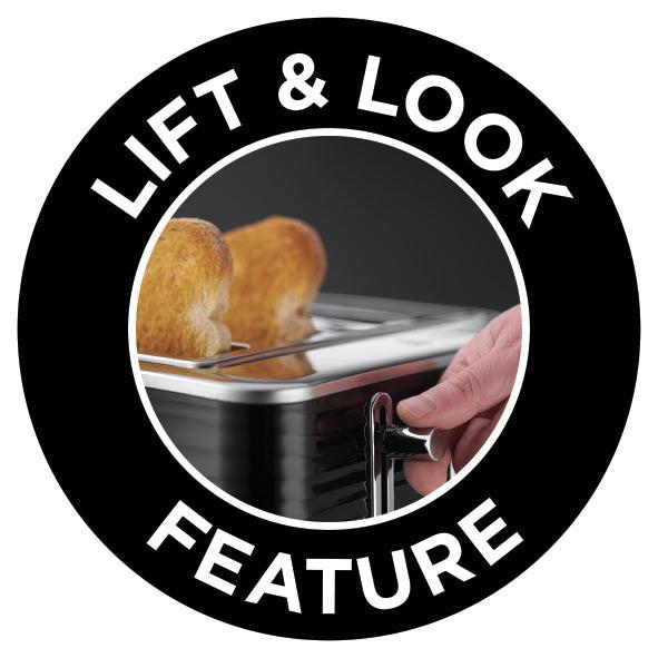 Black toaster lift-and-look setting badge showing toast being lifted by hand