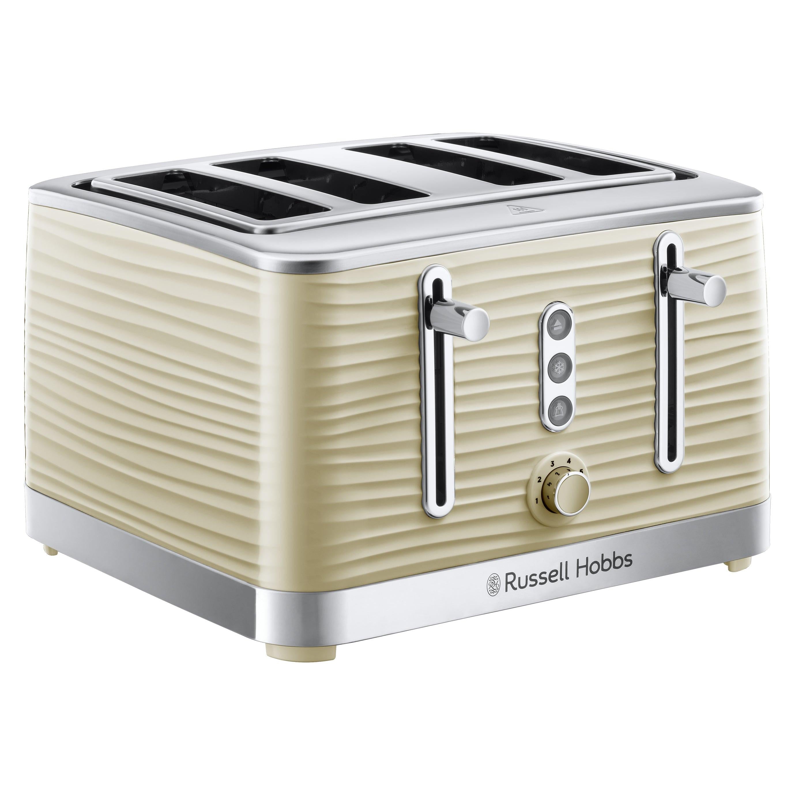 Cream 4-slice toaster with textured sides, chrome levers, and heat dial