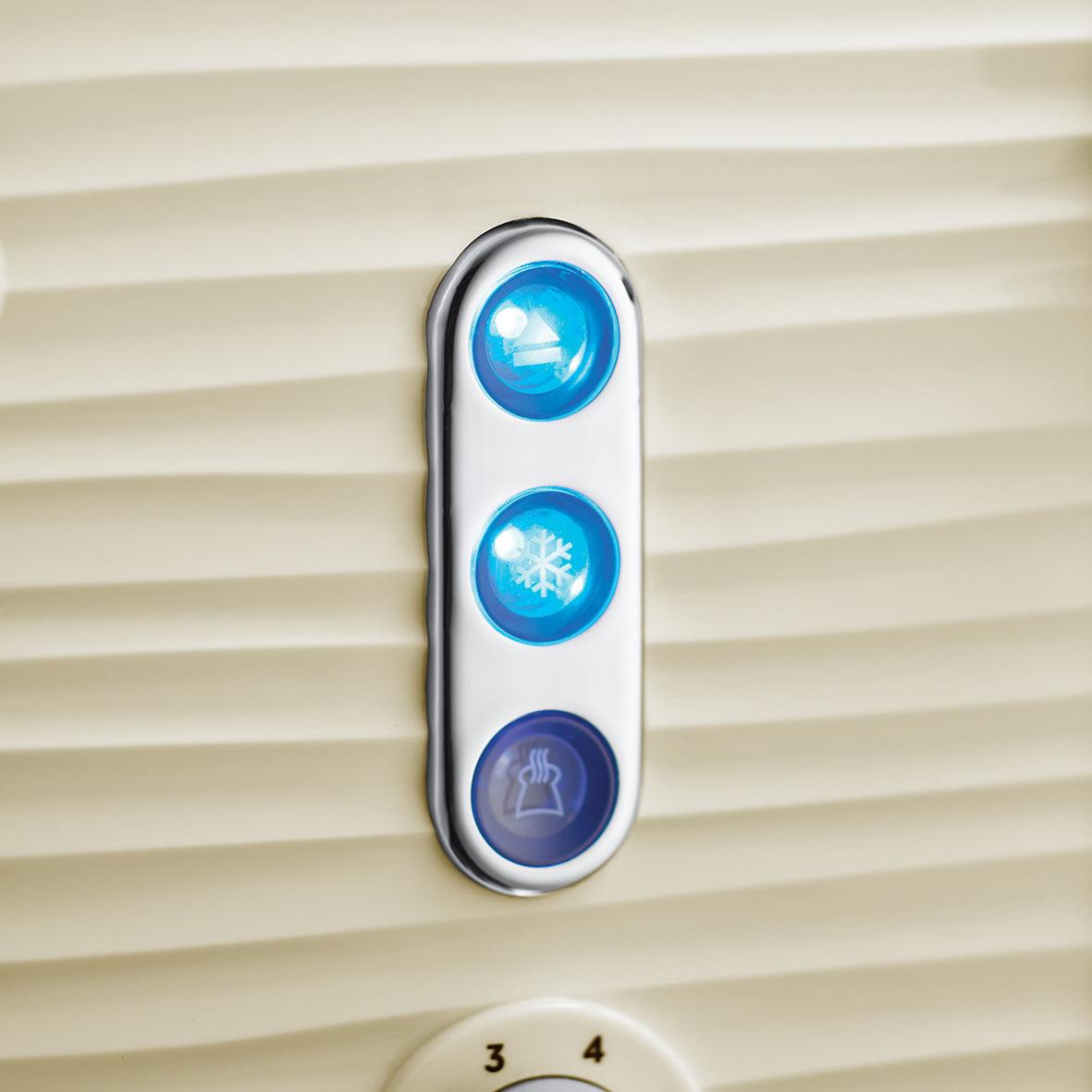 Cream toaster front panel with blue illuminated button controls