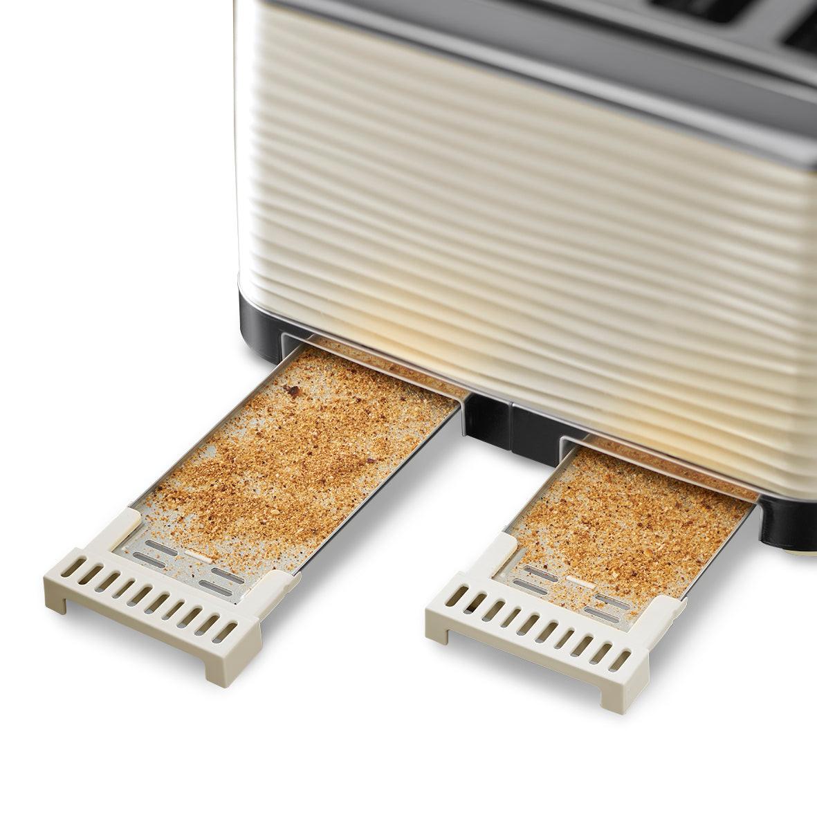 Cream 4-slice toaster with two raised, toasted bread slices