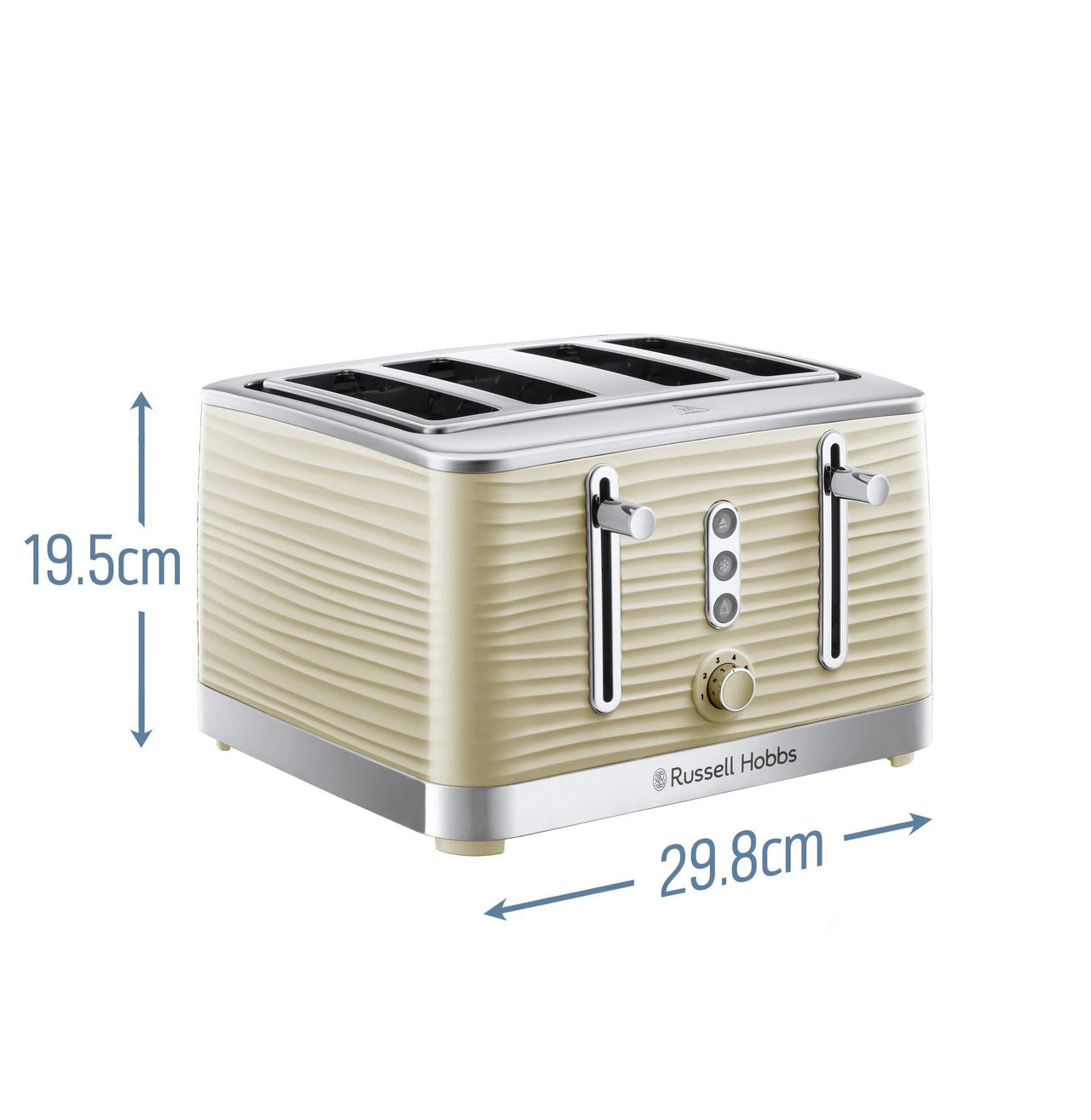 Cream 4-slice toaster shown with front size dimensions