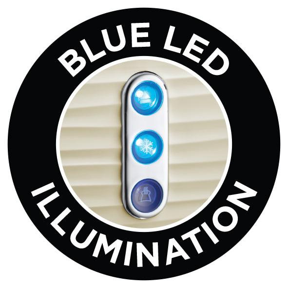 Circular icon featuring blue LED setting button on toaster control panel
