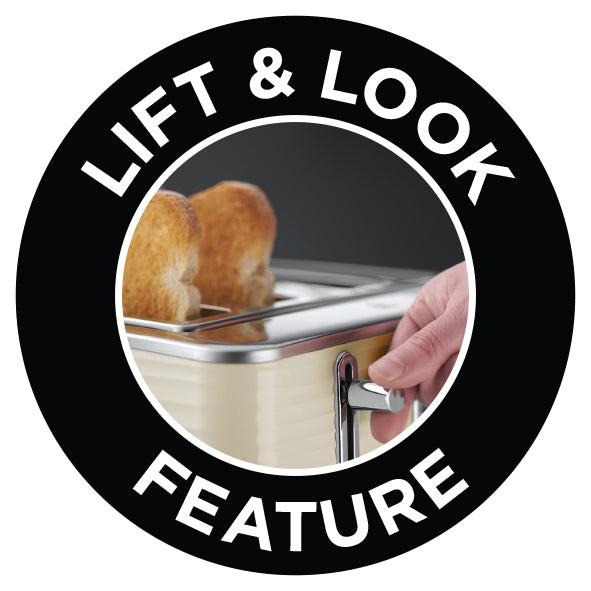 Circular icon showing a hand lifting the toaster lever