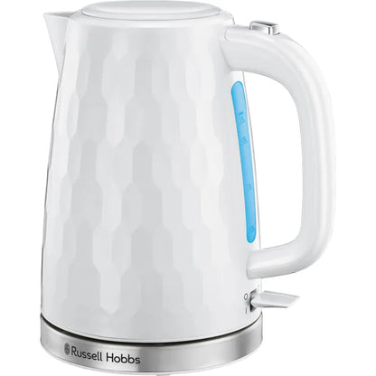 Russell Hobbs Honeycomb Kettle, 4 Slice Toaster & Manual Microwave Kitchen Set (White)