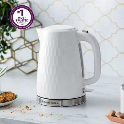 Russell Hobbs Honeycomb Kettle, 4 Slice Toaster & Manual Microwave Kitchen Set (White)