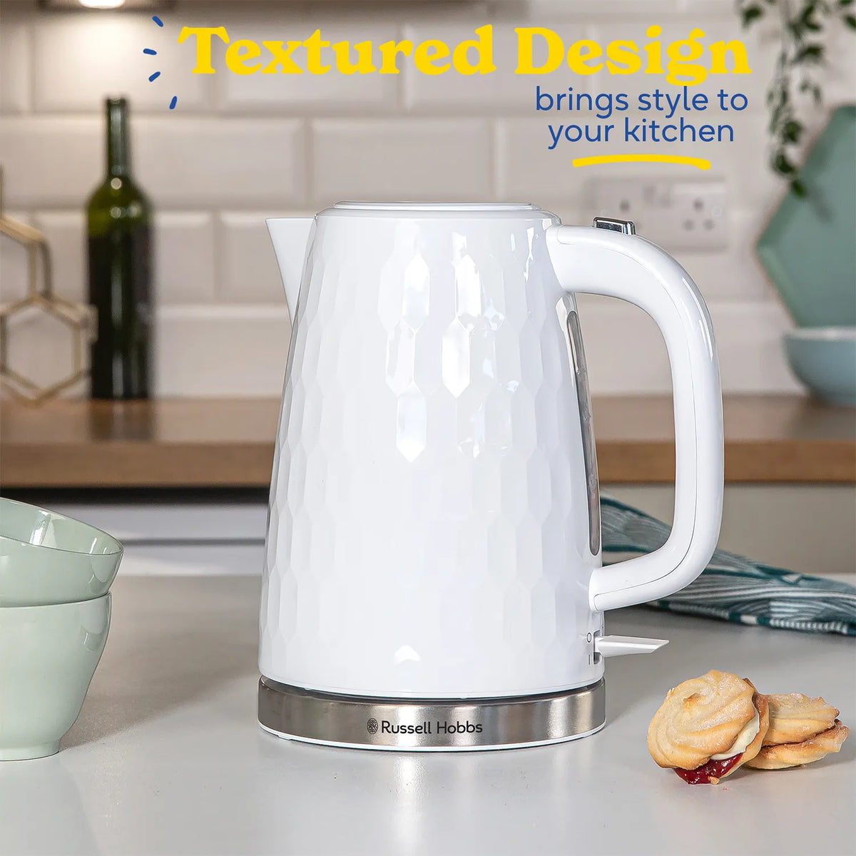 Russell Hobbs Honeycomb Kettle, 4 Slice Toaster & Manual Microwave Kitchen Set (White)