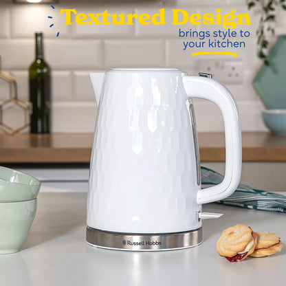 Russell Hobbs Honeycomb Kettle, 4 Slice Toaster & Manual Microwave Kitchen Set (White)