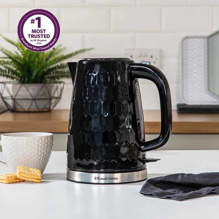 Russell Hobbs Honeycomb Kettle, 2 Slice Toaster & Manual Microwave Kitchen Set (Black)