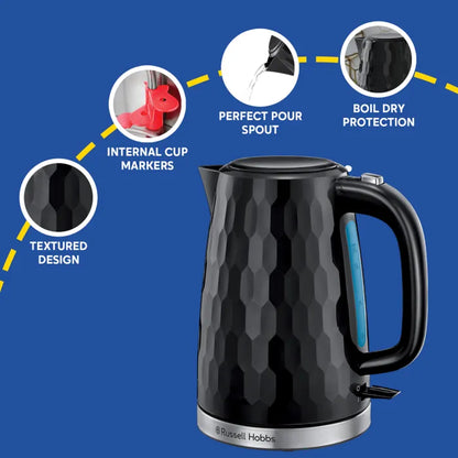 Russell Hobbs Honeycomb Kettle, 2 Slice Toaster & Manual Microwave Kitchen Set (Black)