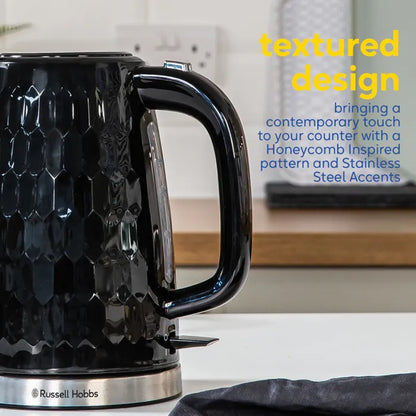 Russell Hobbs Honeycomb Kettle, 2 Slice Toaster & Manual Microwave Kitchen Set (Black)