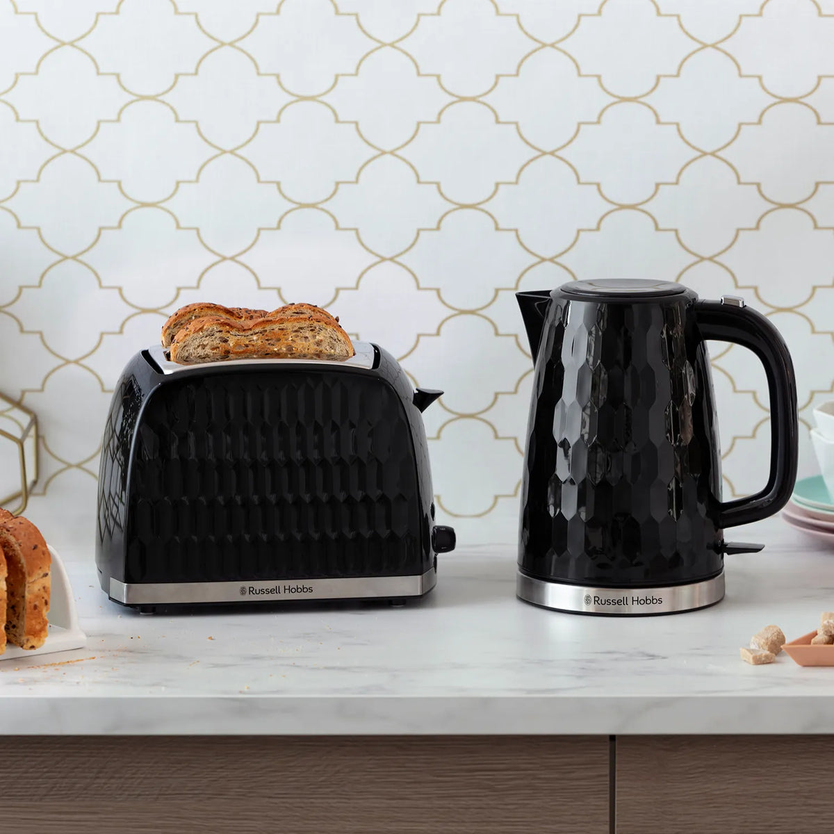 Russell Hobbs Honeycomb Kettle, 2 Slice Toaster & Manual Microwave Kitchen Set (Black)