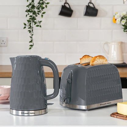 Russell Hobbs Honeycomb Kettle, 2 Slice Toaster & Manual Microwave Kitchen Set (Grey)