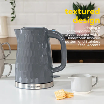 Russell Hobbs Honeycomb Kettle, 4 Slice Toaster & Manual Microwave Kitchen Set (Grey)