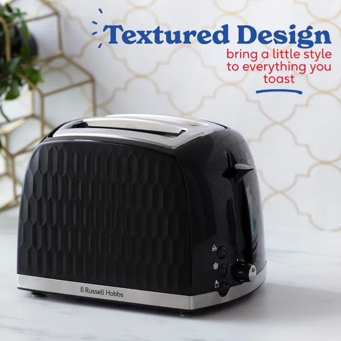 Russell Hobbs Honeycomb Kettle, 2 Slice Toaster & Manual Microwave Kitchen Set (Black)