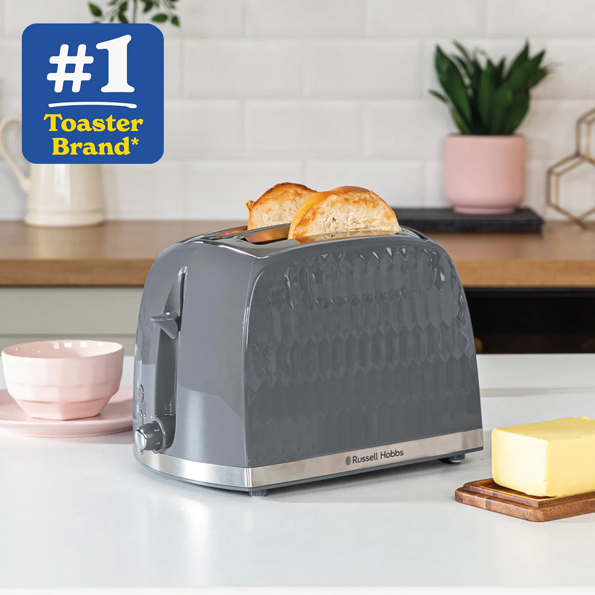 Russell Hobbs Honeycomb Kettle, 2 Slice Toaster & Manual Microwave Kitchen Set (Grey)
