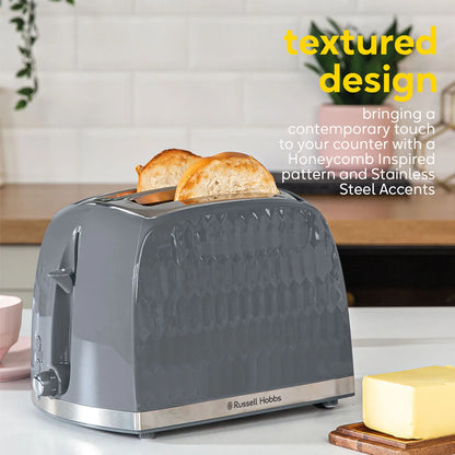 Russell Hobbs Honeycomb Kettle, 2 Slice Toaster & Manual Microwave Kitchen Set (Grey)