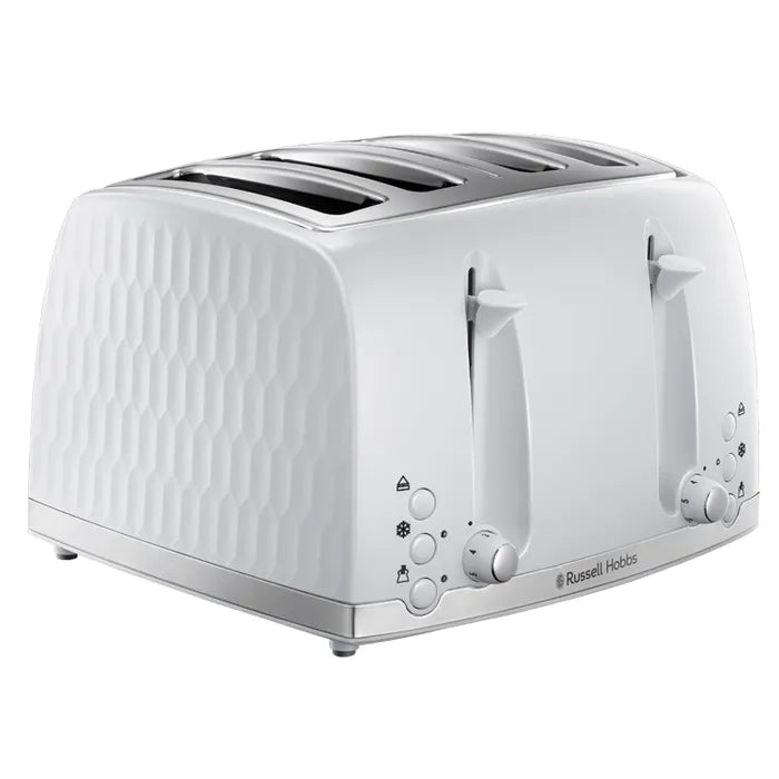 Russell Hobbs Honeycomb Kettle, 4 Slice Toaster & Manual Microwave Kitchen Set (White)