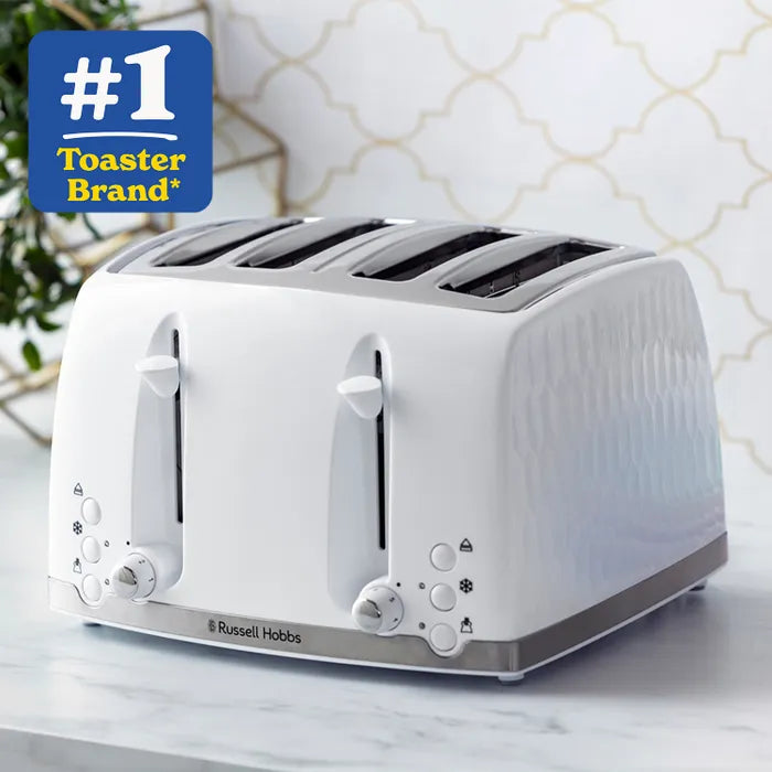 Russell Hobbs Honeycomb Kettle, 4 Slice Toaster & Manual Microwave Kitchen Set (White)