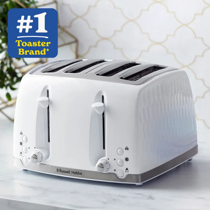 Russell Hobbs Honeycomb Kettle, 4 Slice Toaster & Manual Microwave Kitchen Set (White)
