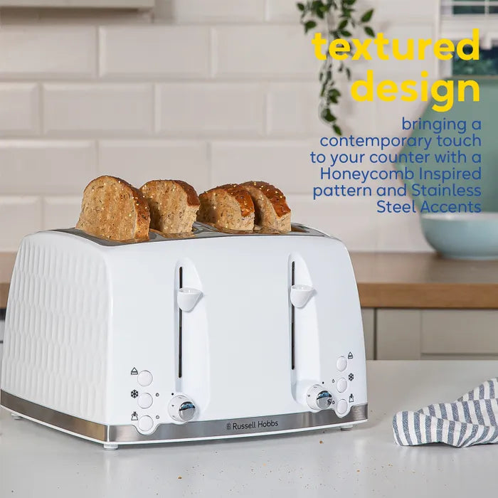 Russell Hobbs Honeycomb Kettle, 4 Slice Toaster & Manual Microwave Kitchen Set (White)