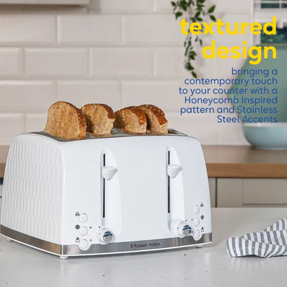 Russell Hobbs Honeycomb Kettle, 4 Slice Toaster & Manual Microwave Kitchen Set (White)