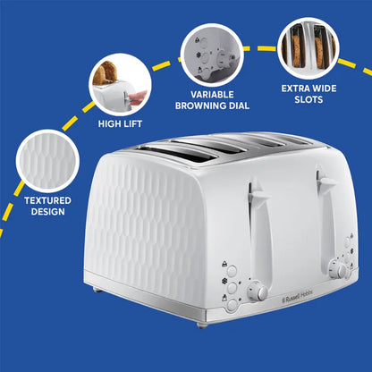 Russell Hobbs Honeycomb Kettle, 4 Slice Toaster & Manual Microwave Kitchen Set (White)