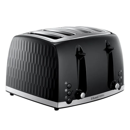 Russell Hobbs Honeycomb Kettle, 4 Slice Toaster & Manual Microwave Kitchen Set (Black)