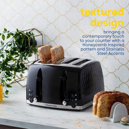 Russell Hobbs Honeycomb Kettle, 4 Slice Toaster & Manual Microwave Kitchen Set (Black)