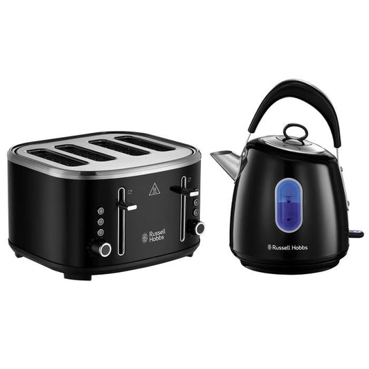 Russell Hobbs Stylevia Pyramid Kettle & 4 Slice Toaster Kitchen Set (Black) - Vibe Home