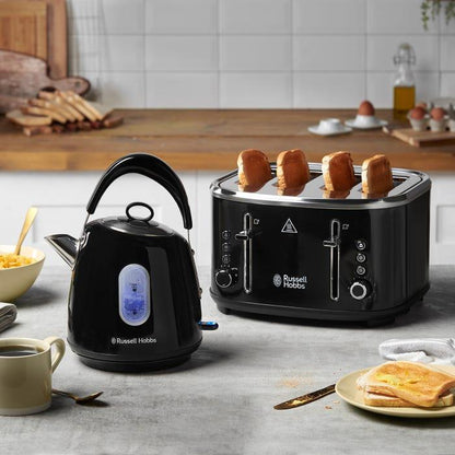 Russell Hobbs Stylevia Pyramid Kettle & 4 Slice Toaster Kitchen Set (Black) - Vibe Home