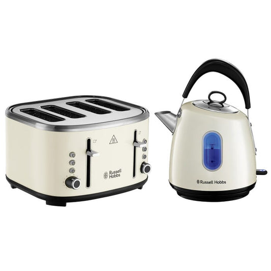 Russell Hobbs Stylevia Pyramid Kettle & 4 Slice Toaster Kitchen Set (Cream) - Vibe Home
