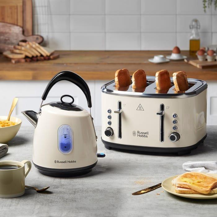 Russell Hobbs Stylevia Pyramid Kettle & 4 Slice Toaster Kitchen Set (Cream) - Vibe Home