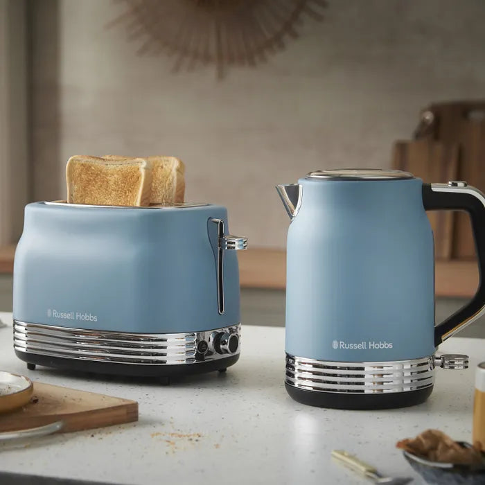 Russell Hobbs Hanley Kettle, 2 Slice Toaster & Digital Microwave Kitchen Set (Retro Blue)