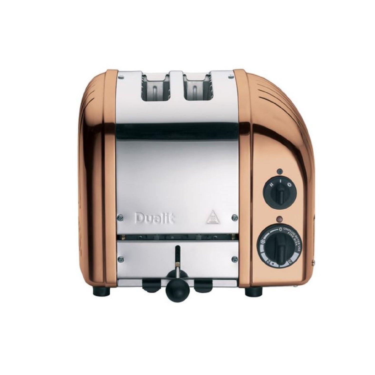 Copper and stainless steel 2-slice toaster with top slots and two control dials