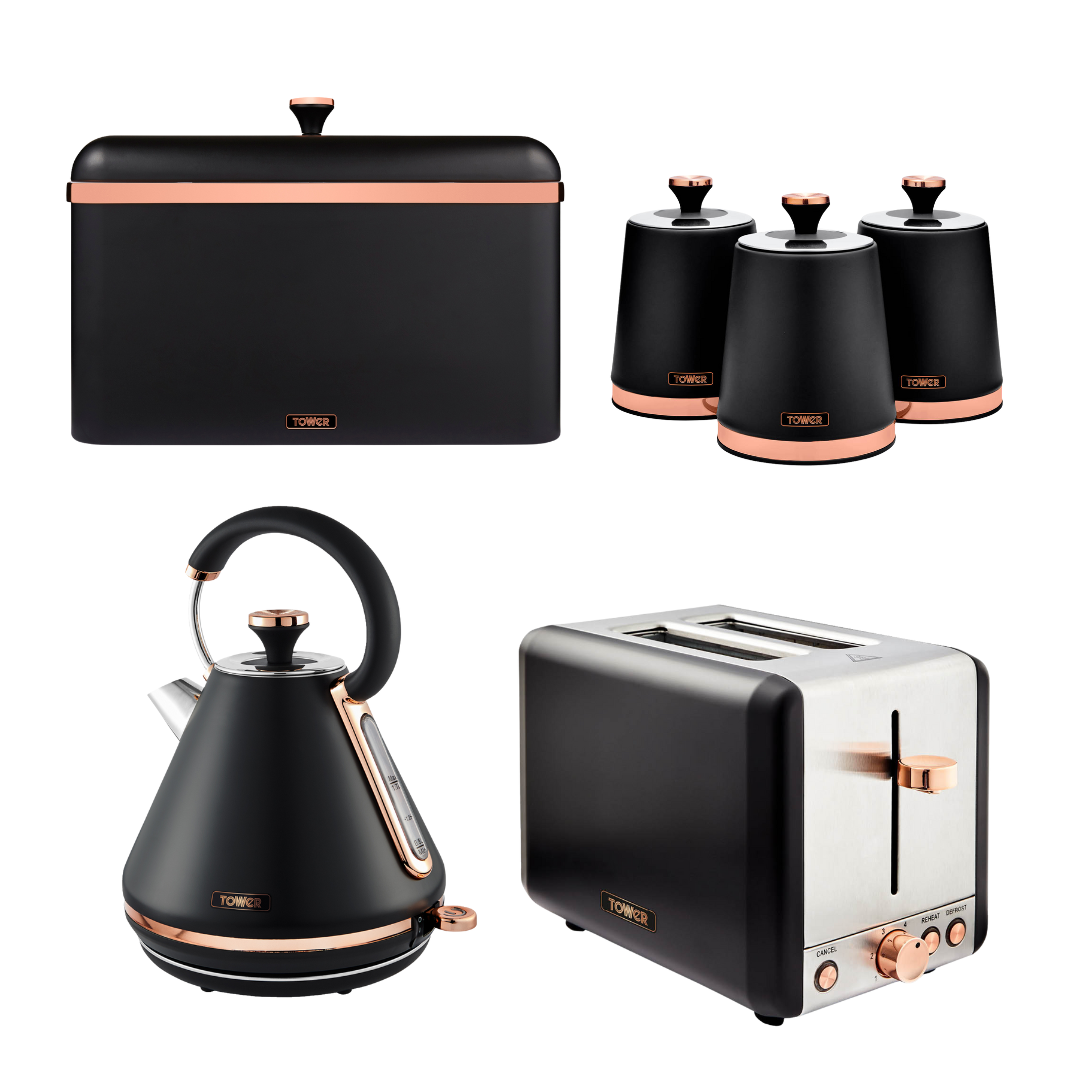 Tower Cavaletto Black Kitchen Set - Kettle, Toaster, Bread Bin, Canisters