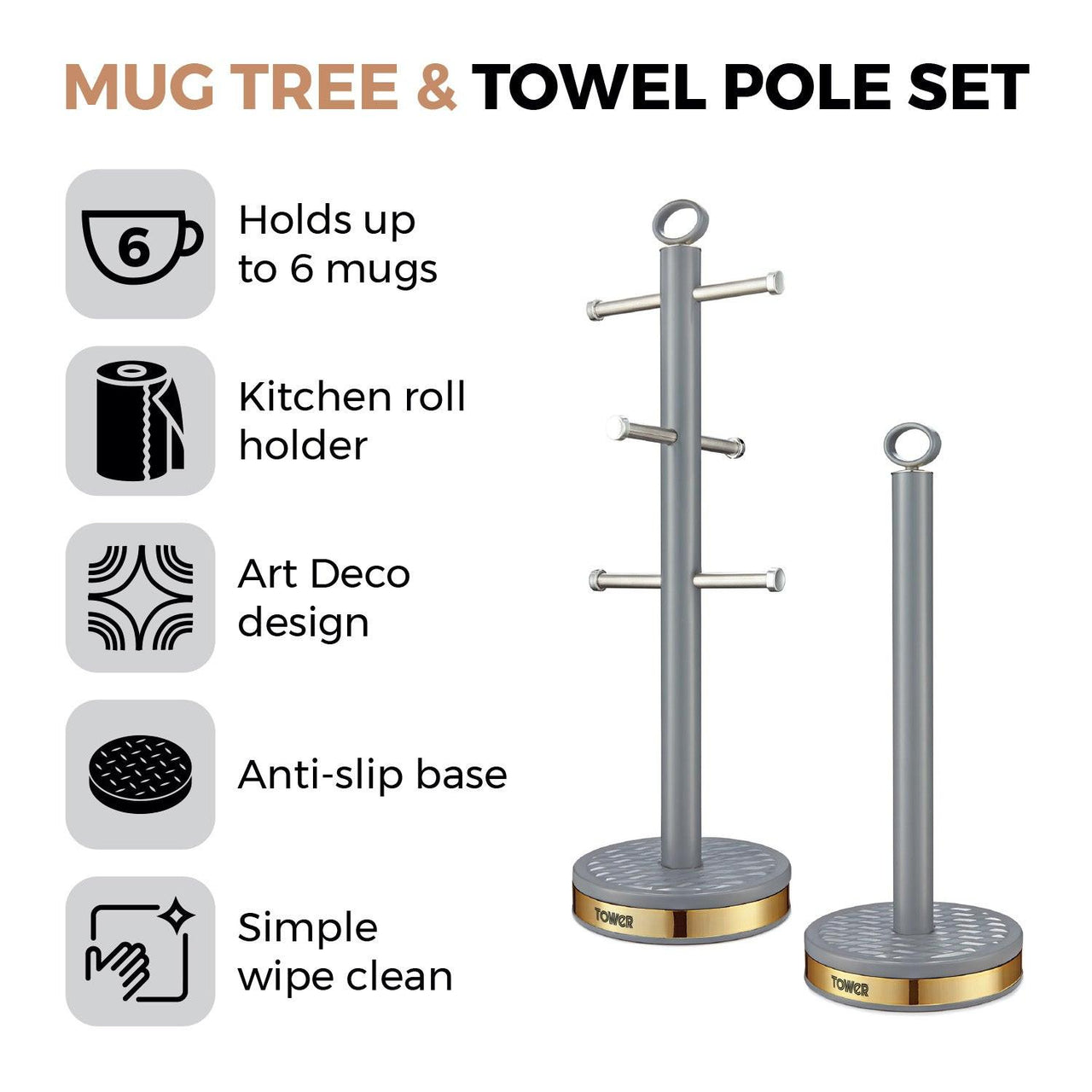 Mug tree and towel pole set box showing stand features and grey pole with base