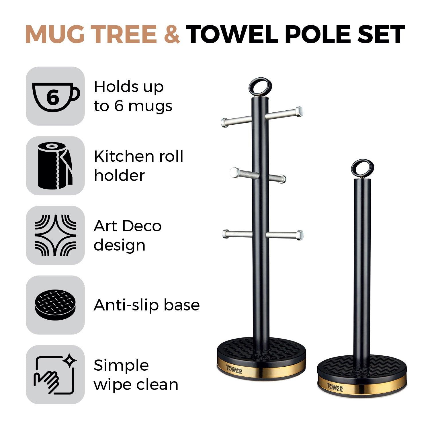 Black mug tree and towel pole set with anti-slip base and six-mug holder icons