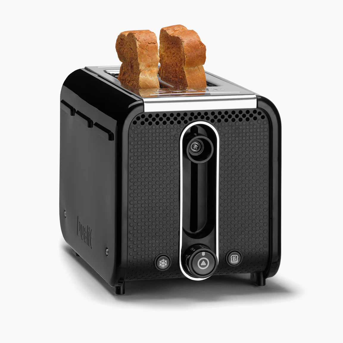 Dualit Studio 2-slice toaster (black) with two bread slices in the slots