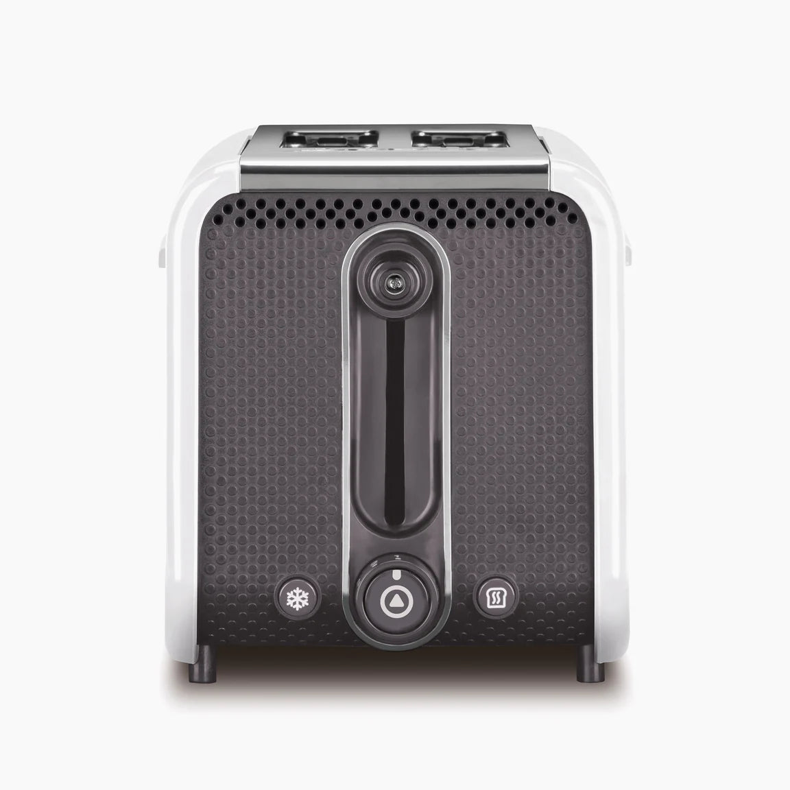 White 2-slice toaster front view with lever, dial controls and vented top slots