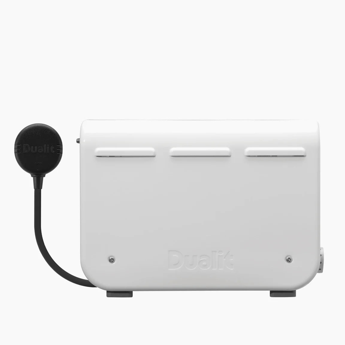 White 2-slice toaster with Dualit branding, rear cord and side slots